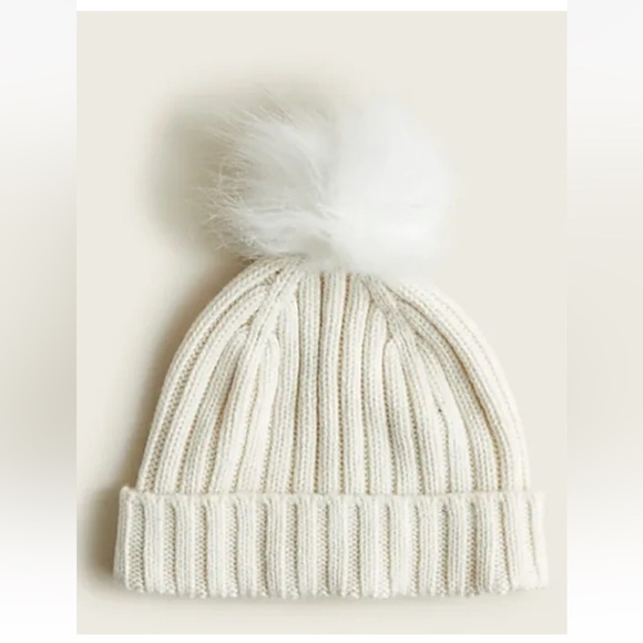 J. Crew Accessories - 🤍J Crew Ribbed Beanie Winter Hat With Faux-Fur Pom-Pom Ivory BD134 Allen Yarn